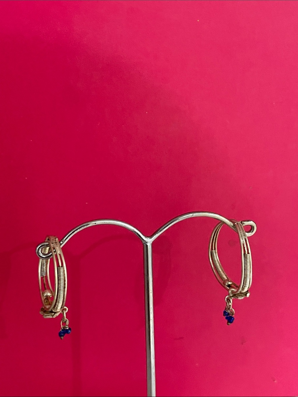 Gold Hoop Earrings with Blue Crystal Dangles